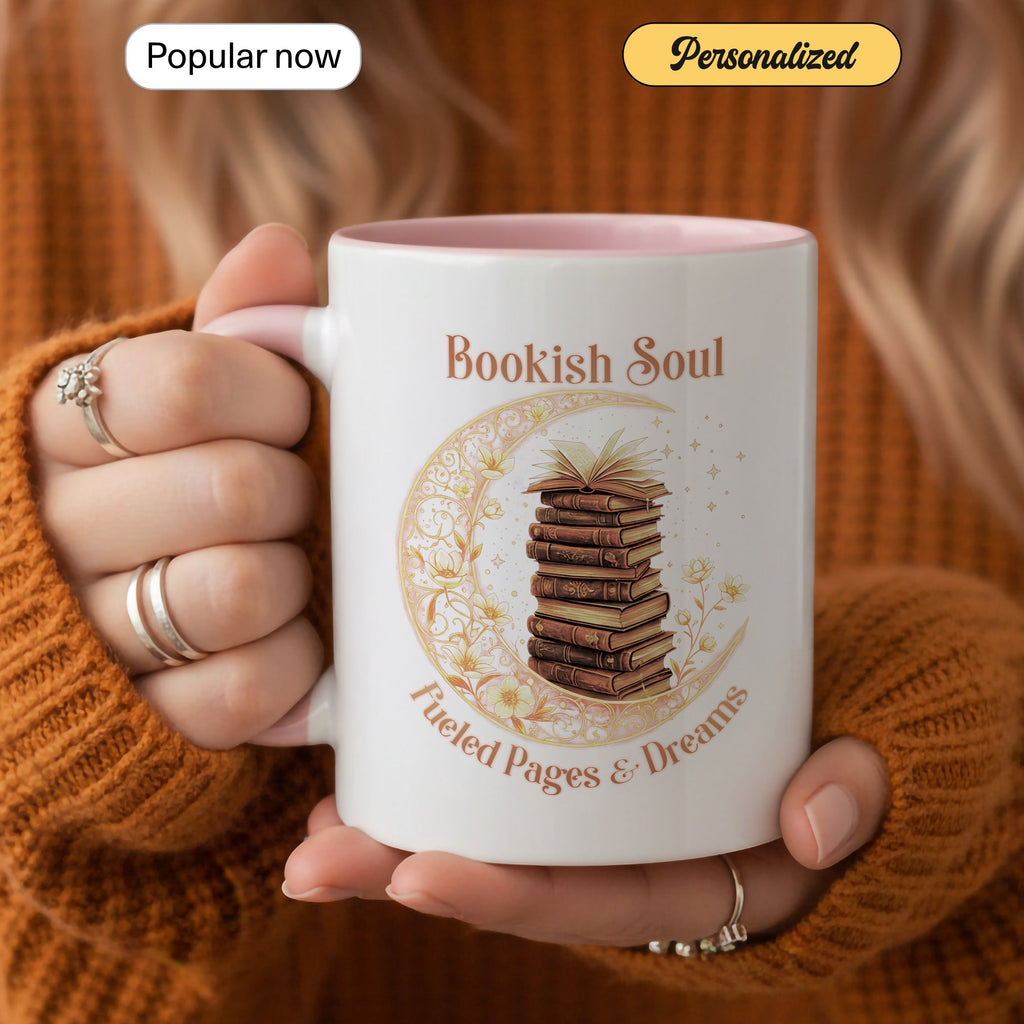 Bookish Soul Mug – Stacked Books Coffee Cup – Literary Aesthetic Gift – Reader Mug 11oz 15oz Ringer | Muug 140