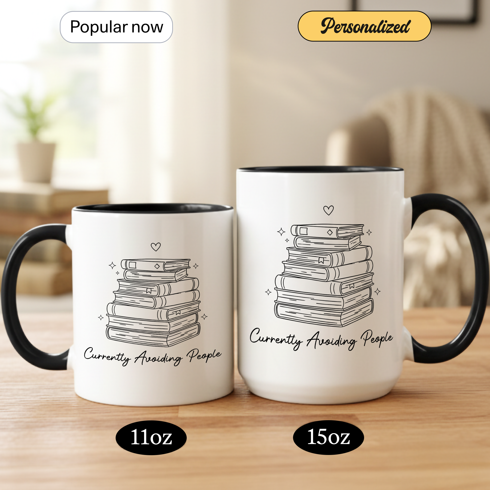 Cozy Reading Time Mug – Stack of Books Coffee Cup – Minimalist Book Lover Ringer Mug – Gift for Readers |Mug 98