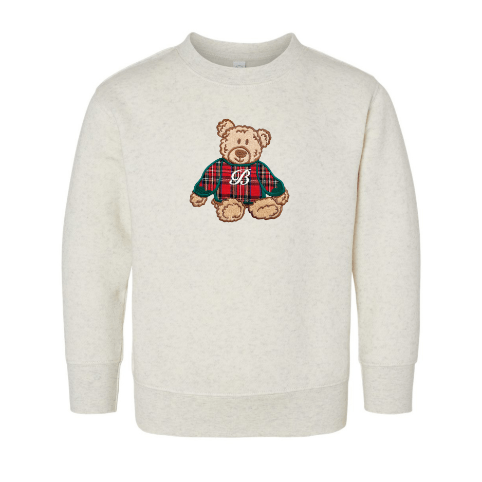 Kids Initialed ‘Classic Christmas Teddy’ Plaid Embroidery Crew