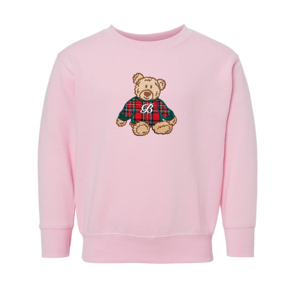 Kids Initialed ‘Classic Christmas Teddy’ Plaid Embroidery Crew
